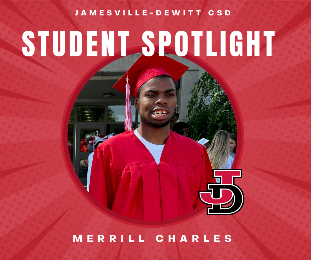 Student spotlight graphic photo frame with image of Merrill Charles.