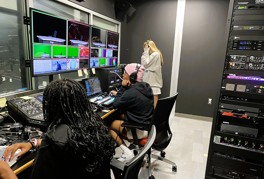 J-D High School broadcasting students use equipment to produce RamFeed.