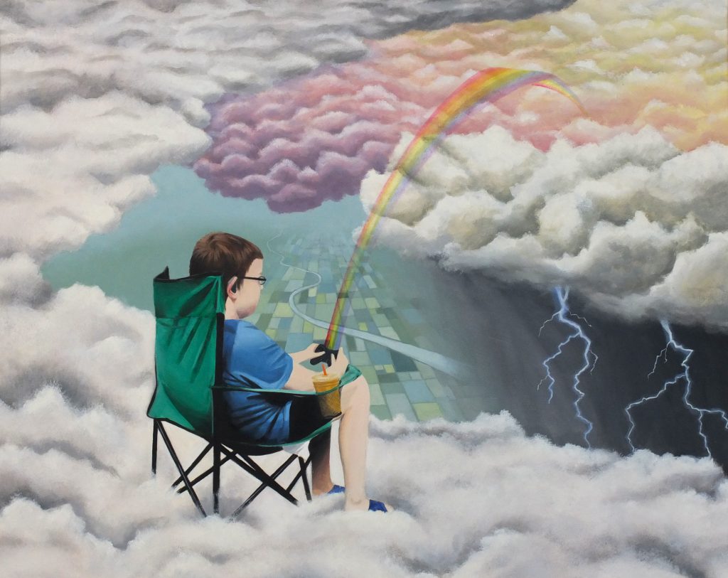 painting image: a boy sits in a lawn chair in clouds. He plays with a video game controller that has a rainbow flowing out of it into the clouds.